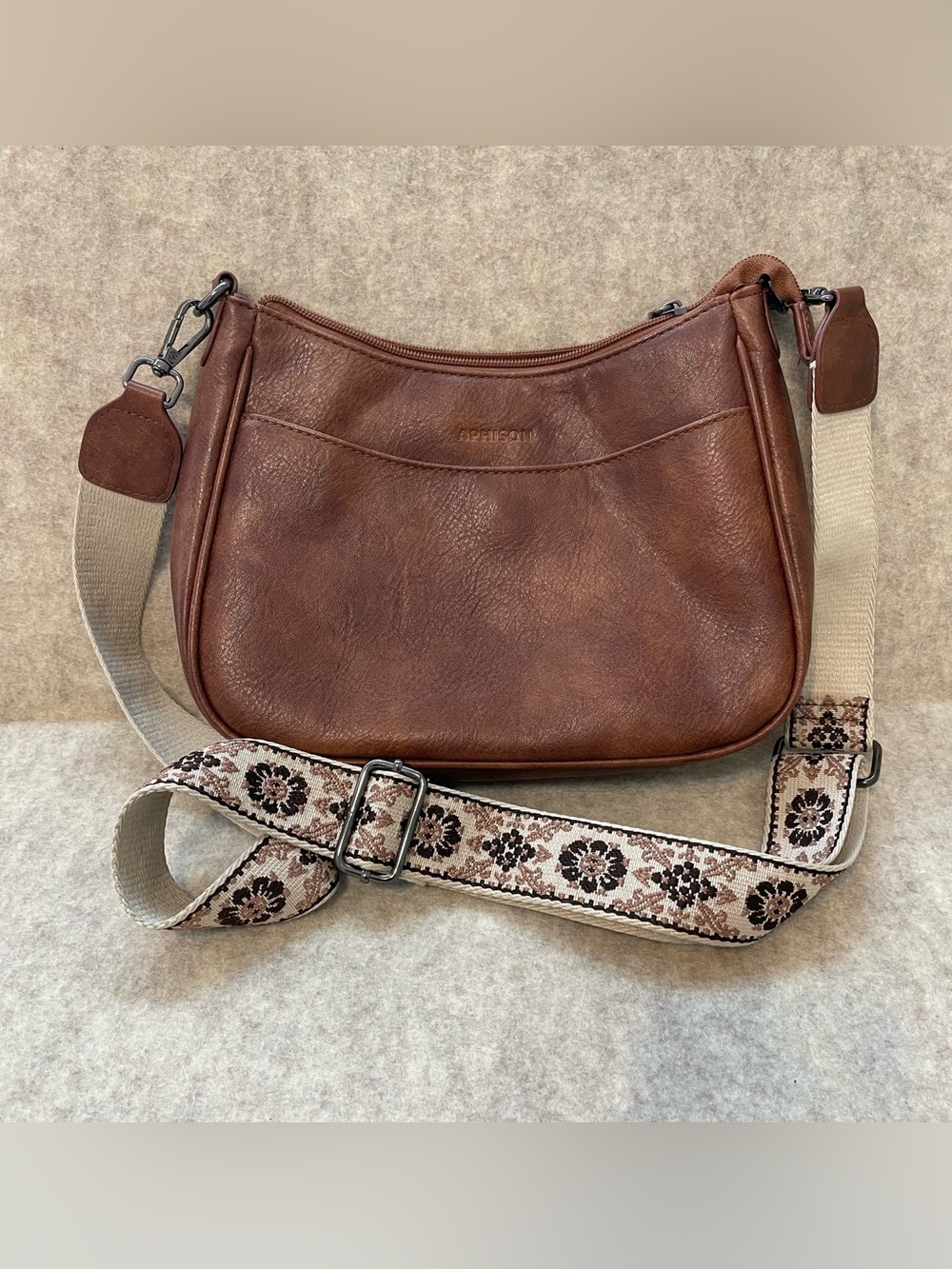 APHISON brown crescent crossbody zip closure silver hardware women’s